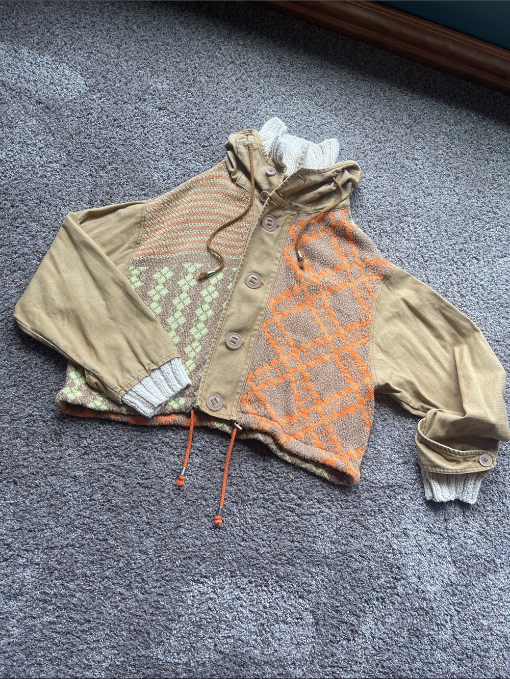 Free People Reno Knit Jacket Tan Crochet Hooded Zip Button Front Small - Picture 7 of 17